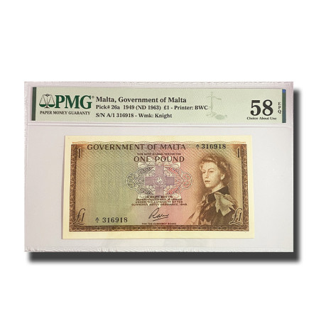 PMG 58 Choice Uncirculated Malta Banknote PICK 26a 1949 1 Pound A/1