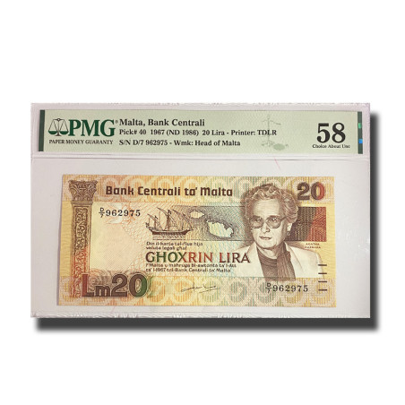 PMG 58 Choice Uncirculated Malta Banknote PICK 40 1967 20 Lira D/7