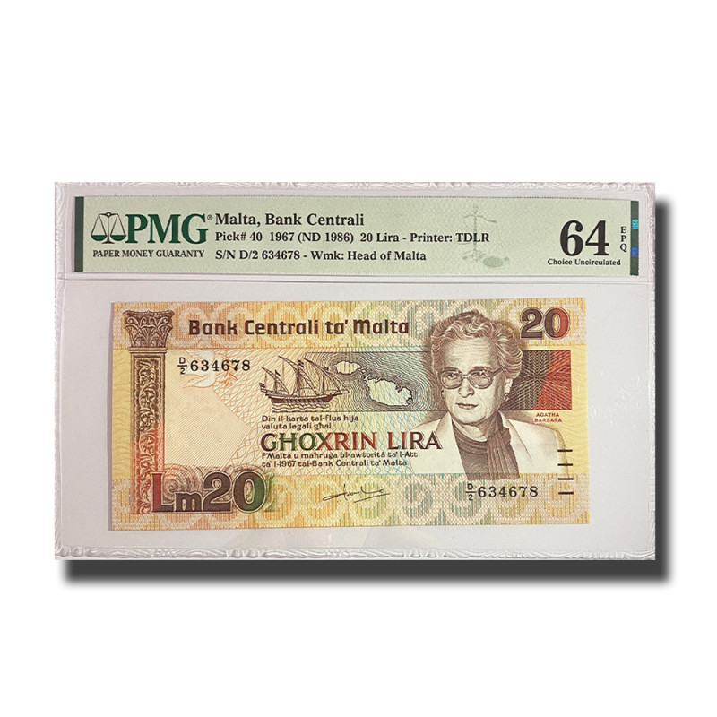 PMG 64 Choice Uncirculated Malta Banknote PICK 40 1967 20 Lira D/2