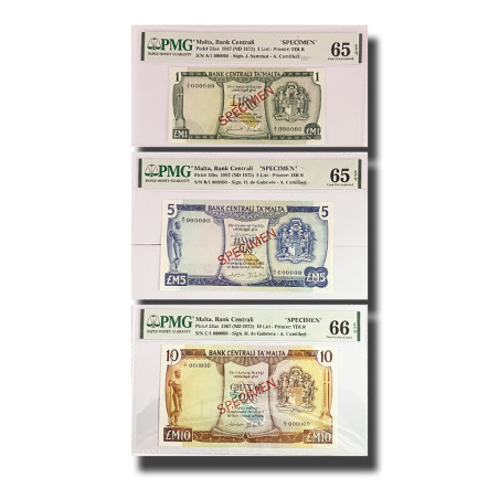 PMG 65-66 Choice Uncirculated Malta Banknote set of 3 PICK 31as 32bs, 33as 1967 1 5 10 Liri A/1 B/1 C/1