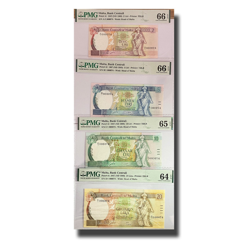 PMG 64-66 Choice Uncirculated Malta Banknote Set of 4 PICK  44 43 42 41 1967 20 10 2 5 Liri  D/1 C/1 A/1  B/1