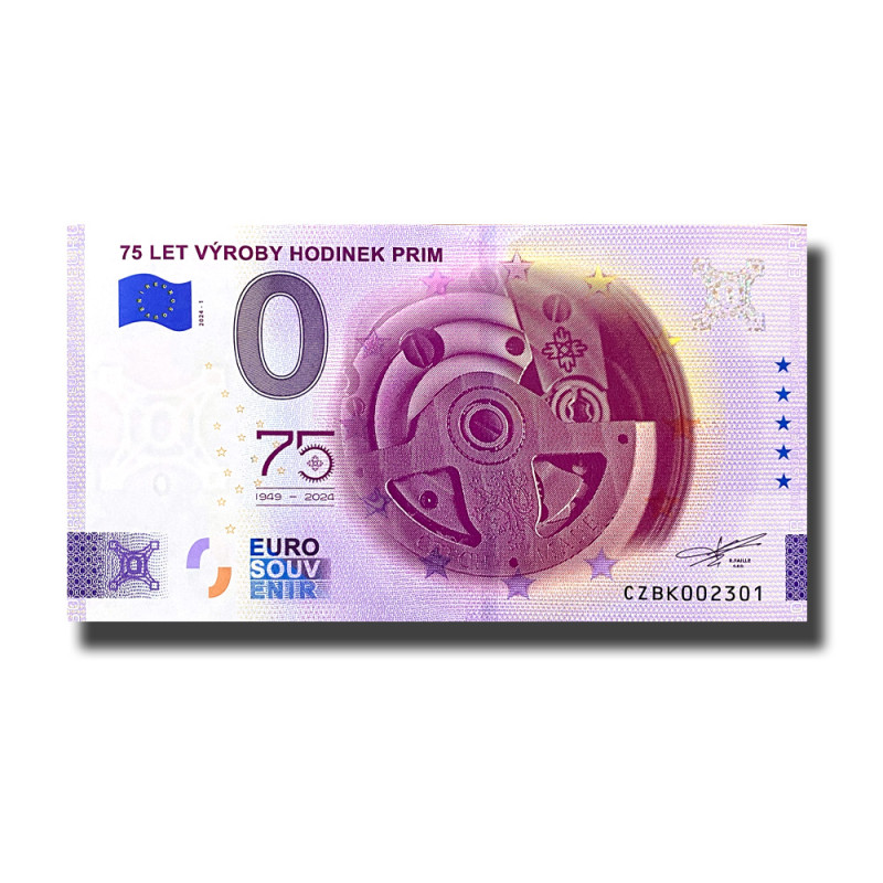 0 Euro Souvenir Banknote 75 Let Vyroby Hodinek Prim Czech CZBK 2024-1