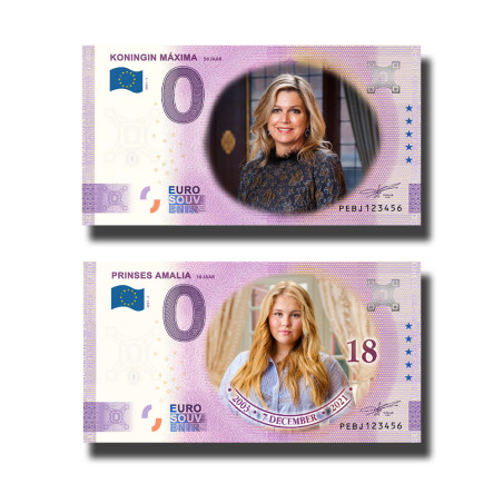 0 Euro Souvenir Banknote Koningin Maxima- Prinses Amalia Set of 2 Colour Netherlands PEBJ 2021