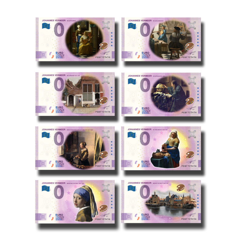 0 Euro Souvenir Banknote Complete Set of 8 Johannes Vermeer Colour Netherlands PEBF 2021-2023 - Set of 8