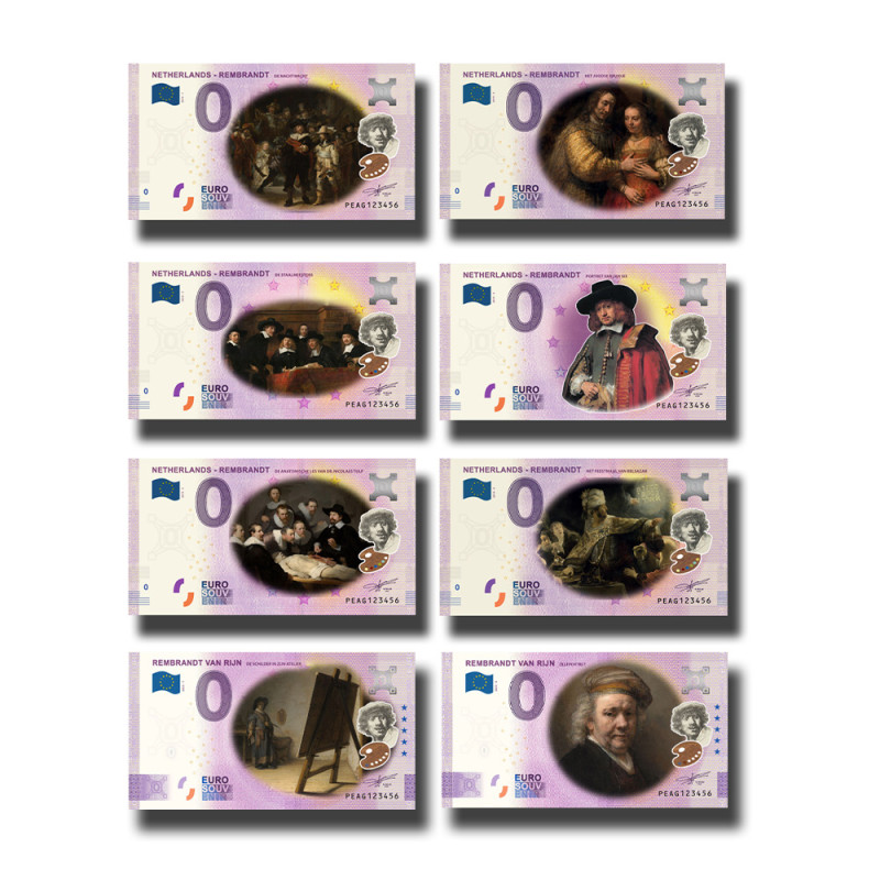 0 Euro Souvenir Banknote Netherlands Rembrandt PEAG 2019-2023 Set of 8 Colour Banknotes