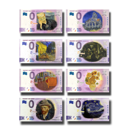 0 Euro Souvenir Banknote Thematic Vincent Van Gogh Set of 8 Colour Netherlands PEBR 2022-2023