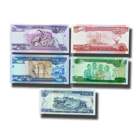 2009-2023 Ethiopia 5,10,50,100,200 Birr Set of 5 Banknote Uncirculated