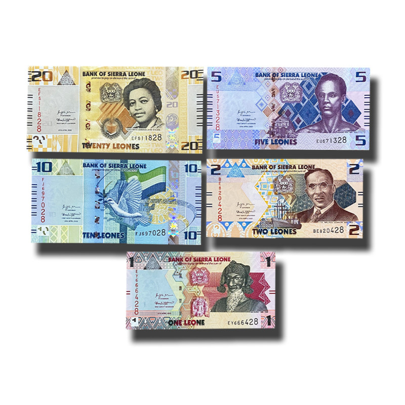 2022 Sierra Leone 1,2,5,10,20 Leones Set of 5 Banknote Uncirculated