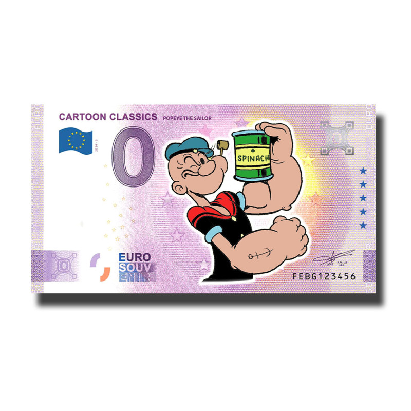 0 Euro Souvenir Banknote Cartoon Classic Popeye Colour Malta FEBG 2024-3