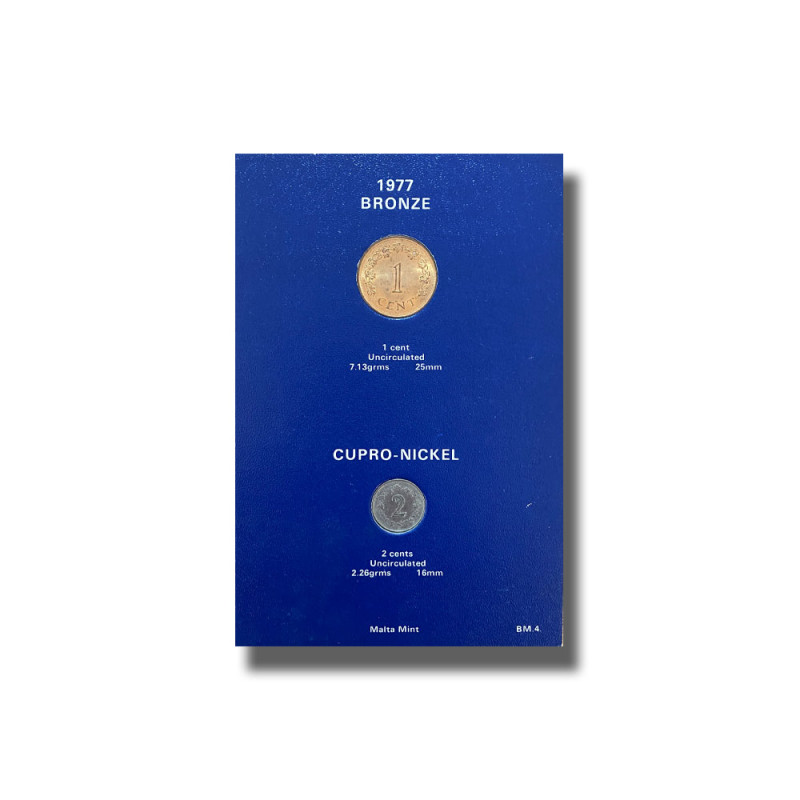1977 Malta 1 Cent and 2 Cents Old Malta Lira In Blue Cover