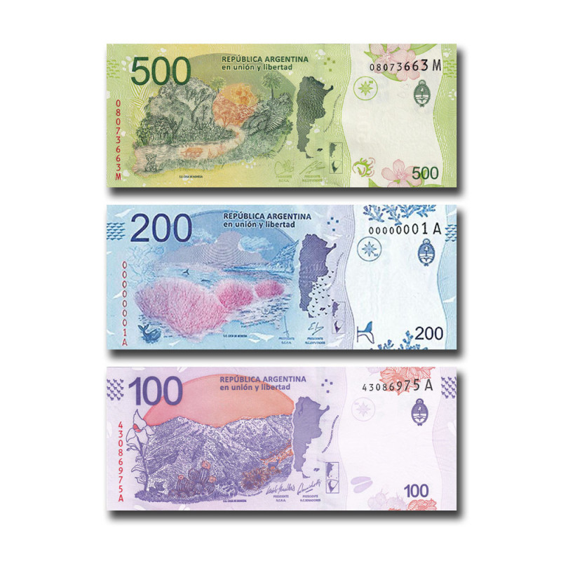 Argentina 100, 200 and 500 pesos Set of 3 Uncirculated Banknotes
