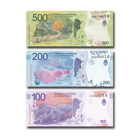 Argentina 100, 200 and 500 pesos Set of 3 Uncirculated Banknotes