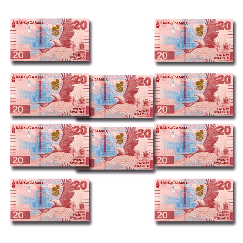 Zambia Twenty Kwacha Pack of 10 Uncirculated Banknotes