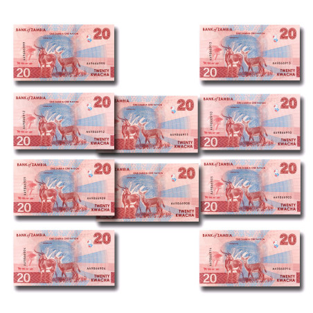 Zambia Twenty Kwacha Pack of 10 Uncirculated Banknotes
