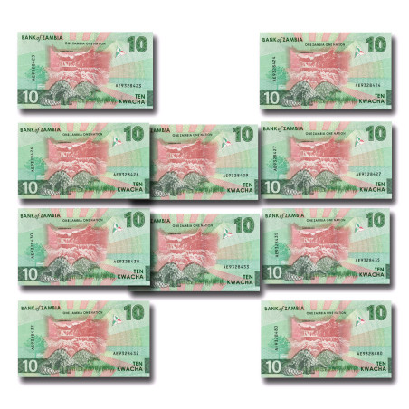Zambia Ten Kwacha Pack of 10 Uncirculated Banknotes