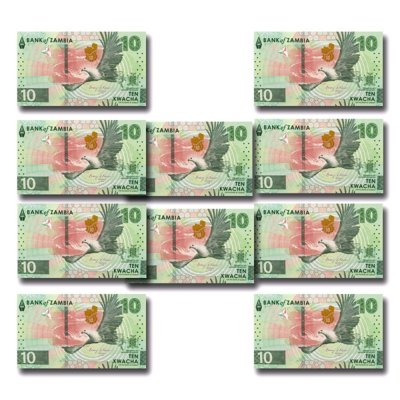 Zambia Ten Kwacha Pack of 10 Uncirculated Banknotes