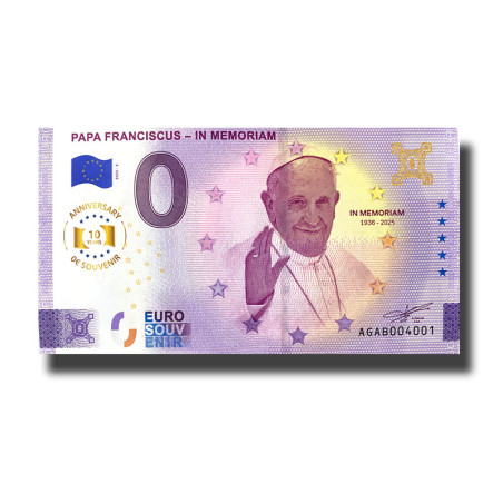 Anniversary 0 Euro Souvenir Banknote Papa Franciscus Memoriam Argentina AGAB 2025-3