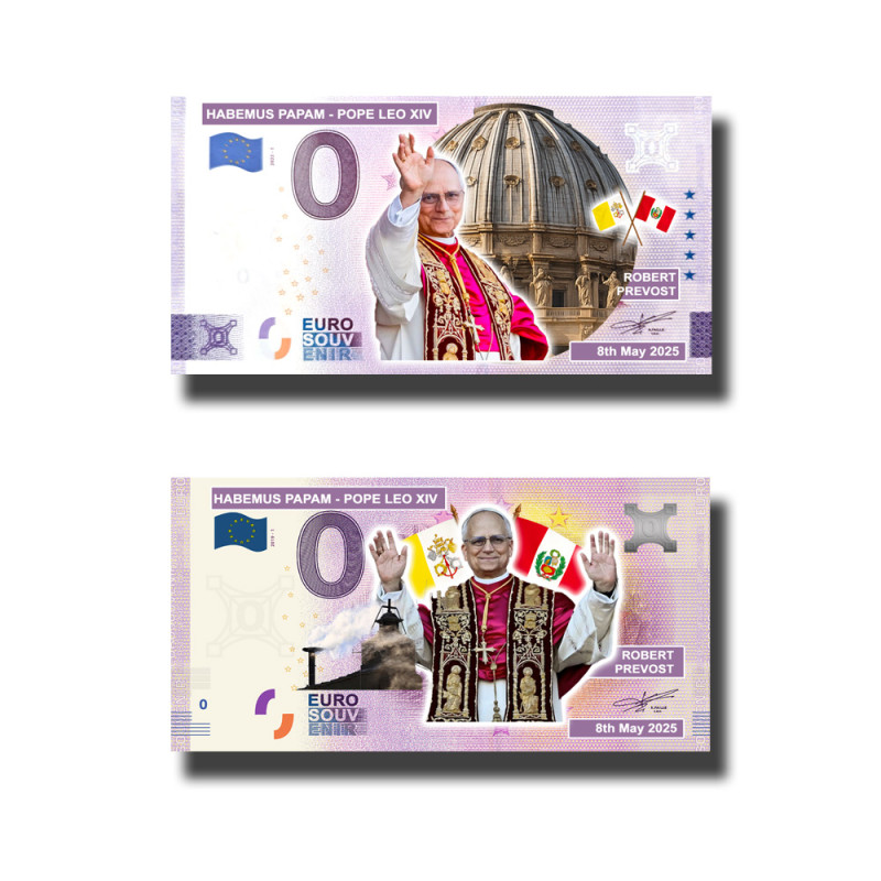 0 Euro Souvenir Banknote Habemus Papam-Pope Leo XIV Set of 2 Custom Colour Peru