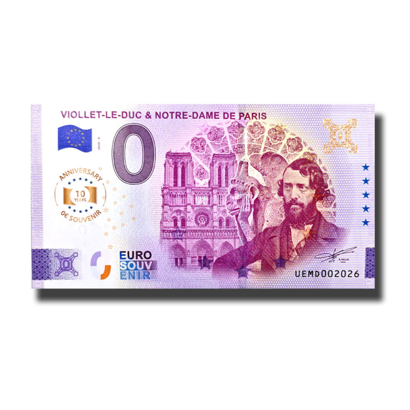 Anniversary 0 Euro Souvenir Banknote Viollet Le Duc and Notre Dame Paris France UEMD 2025-6