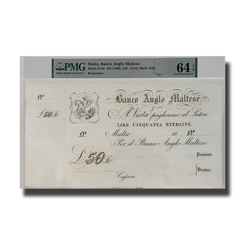 1880 Malta, Banco Anglo Maltese 50 Pounds Pick S116r-PMG64 1880 Malta, Banco Anglo Maltese 50 Pounds Pick S116r-PMG64