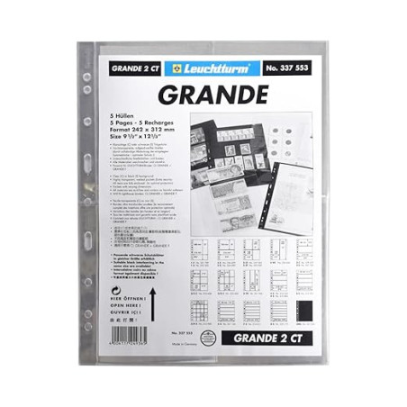 Leuchtturm Grande 2CT plastic sheets with 4 pockets for postcards, crystal clear, pack of 5