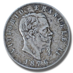 1876 Italy Victorio Emanuele II 5 Lire Silver Coin