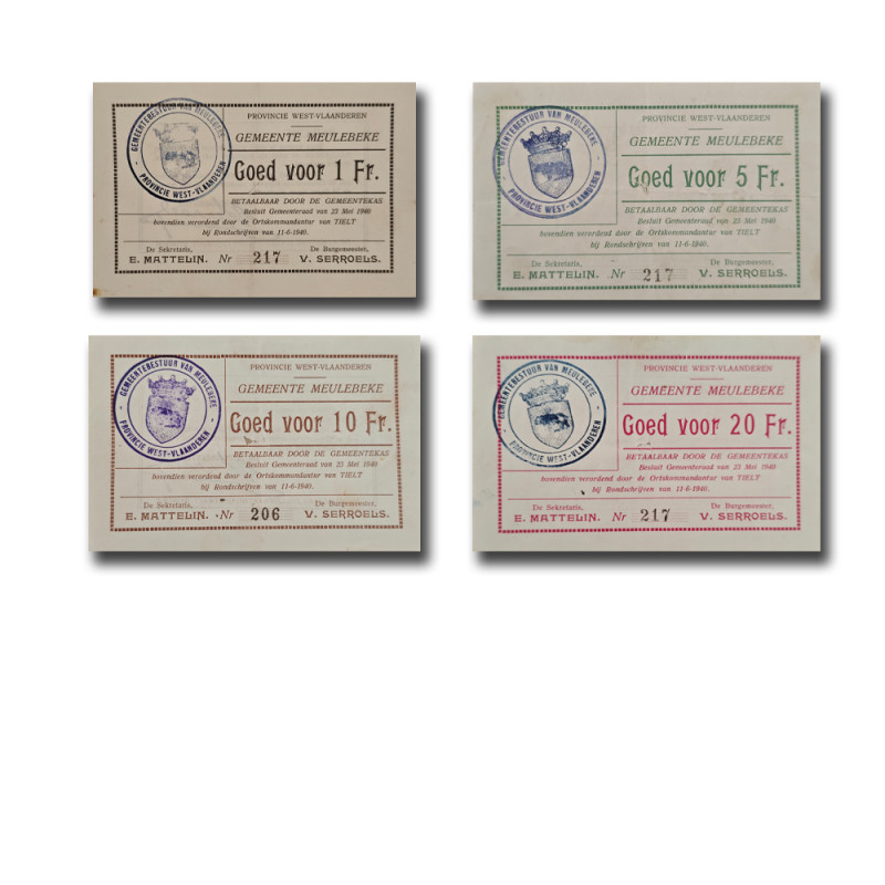 1940 Belgium 1 5 10 20 Francs Set of 4 Banknotes