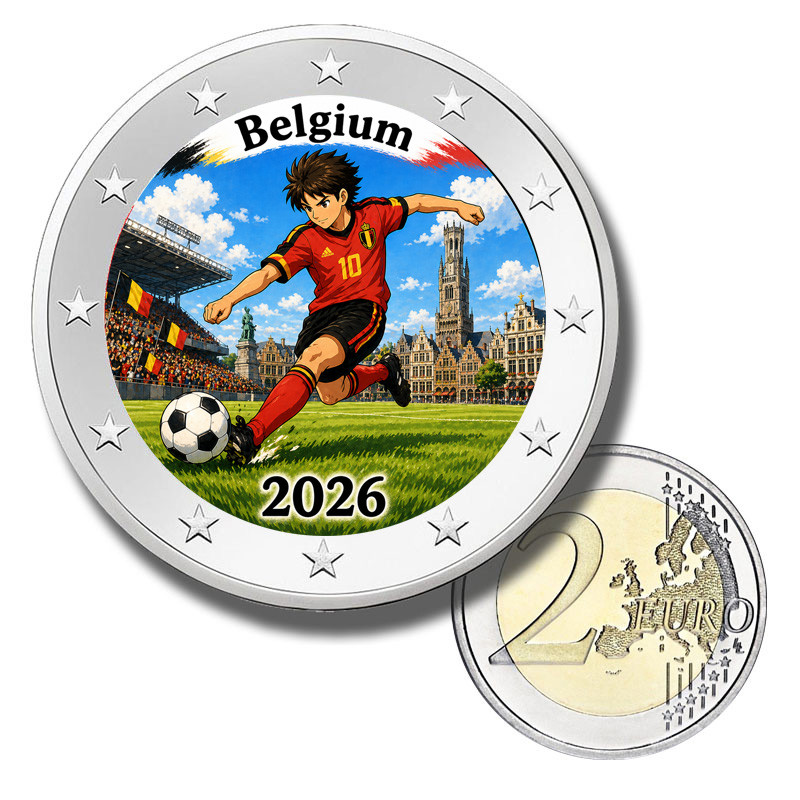2 Euro Coloured Coin Belgium Football 2026 anime inspired design 2 Euro Coloured Coin Belgium Football 2026 anime inspired design