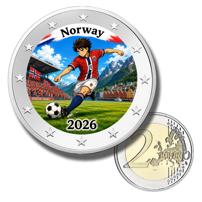 2 Euro Coloured Coin Norway Football 2026 anime inspired design 2 Euro Coloured Coin Norway Football 2026 anime inspired design