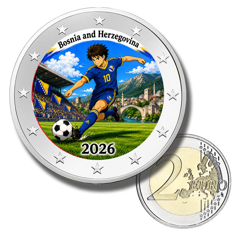 2 Euro Coloured Coin Bosnia and Herzegovina Football 2026 anime inspired design