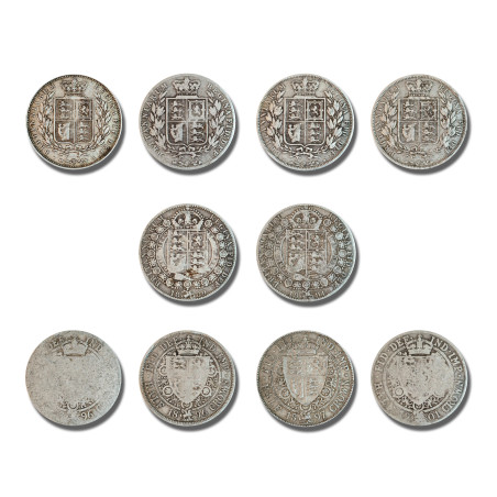 1849- 1901 Set of 10 United Kingdom Queen Victoria Half Crown Silver Coins