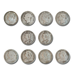 1849- 1901 Set of 10 United Kingdom Queen Victoria Half Crown Silver Coins
