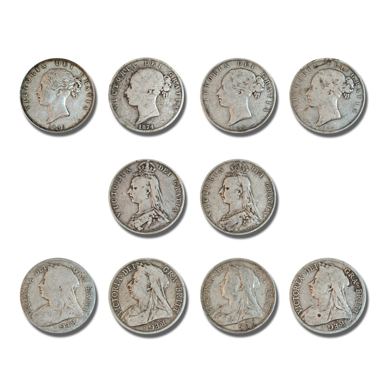 1849- 1901 Set of 10 United Kingdom Queen Victoria Half Crown Silver Coins 1849- 1901 Set of 10 United Kingdom Queen Victoria Half Crown Silver Coins