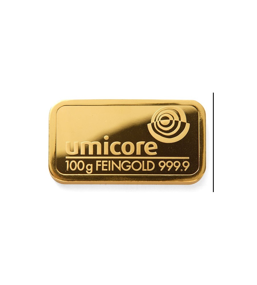 Umicore Fine Bullion Gold Ingot Bar 100 Grams Finesse 999.9 LBMA Good Delivery