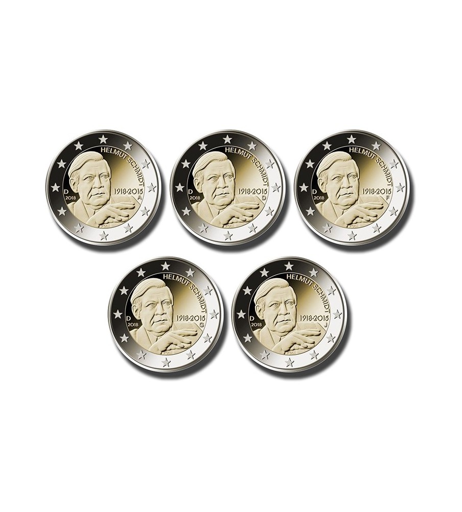 2018 Germany A D F G J Helmut Schmidt 2 Euro Coin Set of 5