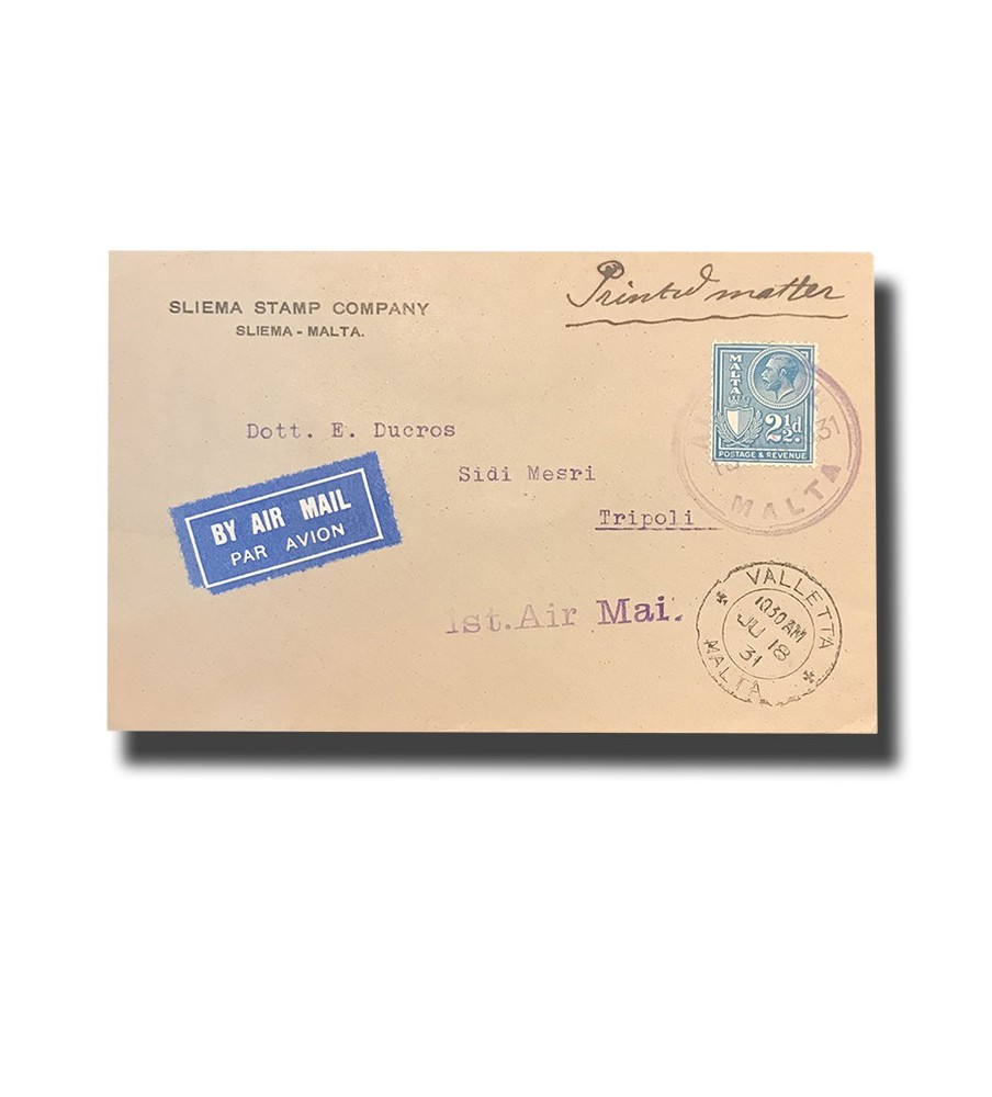 1931 Malta to Tripoli First Flight Airmail Cover Postal History