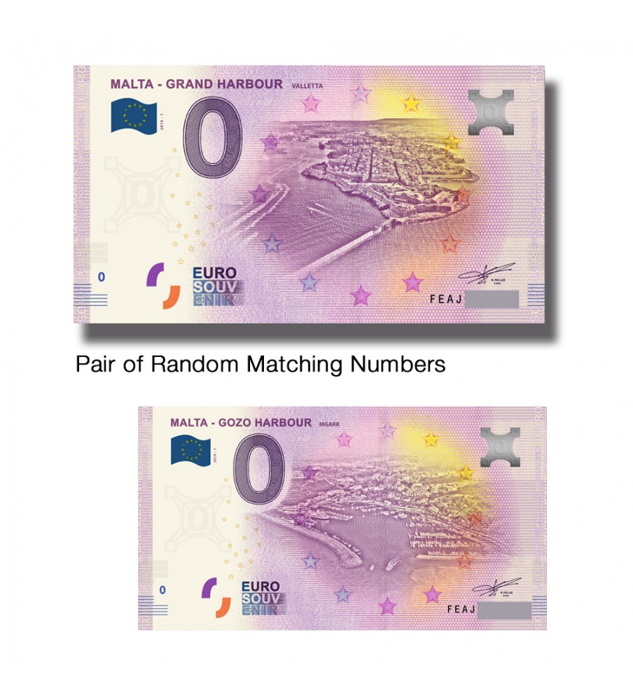 0 Euro Souvenir Banknote Thematic Mgarr Harbour & Grand Harbour Matching Numbers Malta FEAH FEAJ 2019-1