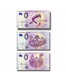 0 EURO SOUVENIR BANKNOTE SET OF 3 SIGNED BANKNOTES MOTHER TERESA CARAVAGGIO TAJ MAHAL