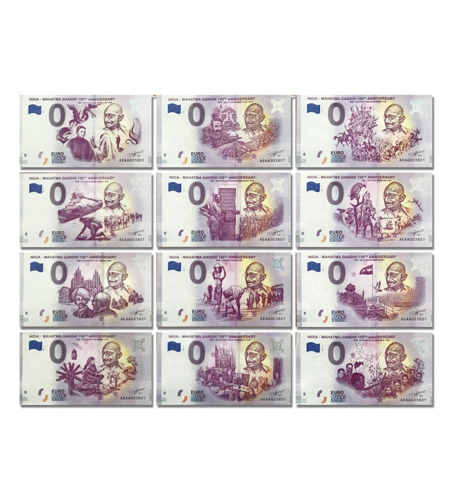 0 Euro Souvenir Banknote Thematic 150th Mahatma Gandhi Anniversary Matching Numbers Set of 12 India AEAA 2019 0 Euro Souvenir Banknote Thematic 150th Mahatma Gandhi Anniversary Matching Numbers Set of 12 India AEAA 2019