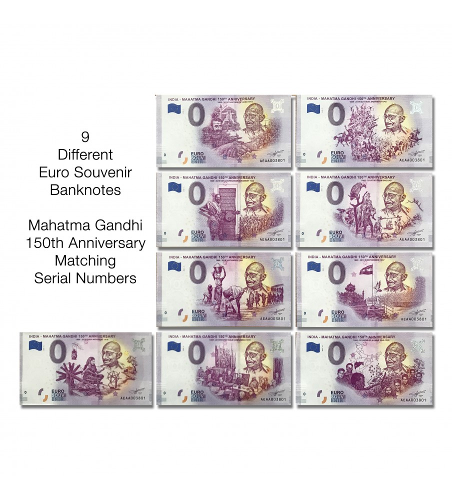 0 Euro Souvenir Banknotes Gandhi India AEAA 2020-4 to 2019-12 (9 pcs)