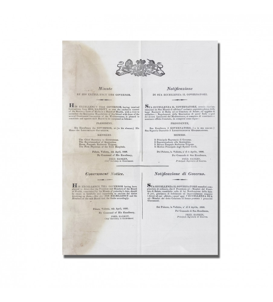 1826 Malta Government Notice Board of Health and Quarantine Regulations