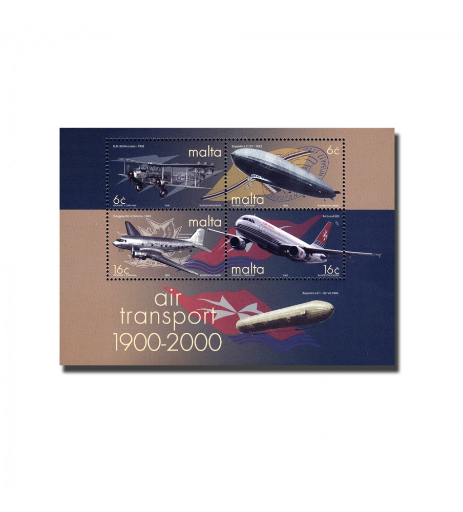 2000 Jun 28 MALTA MINIATURE SHEET AIR TRANSPORT 1900-2000