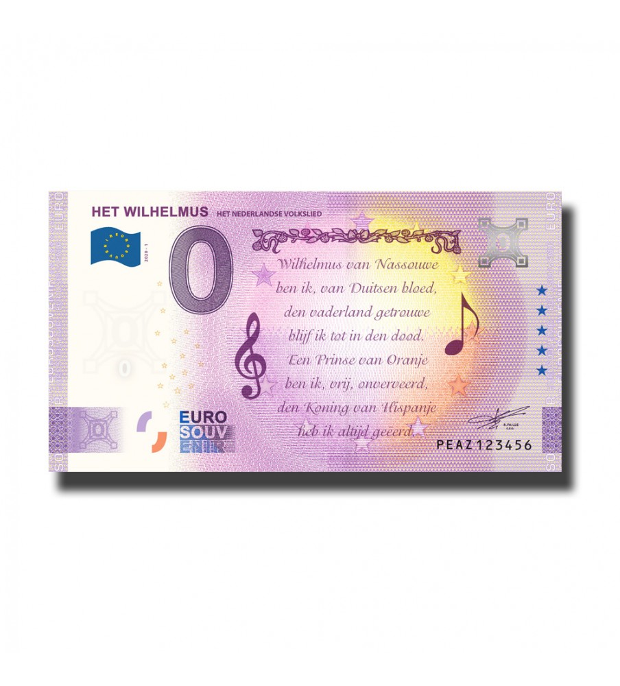 0 Euro Souvenir Banknote Wilhelmus Netherlands PEAZ 2020-1
