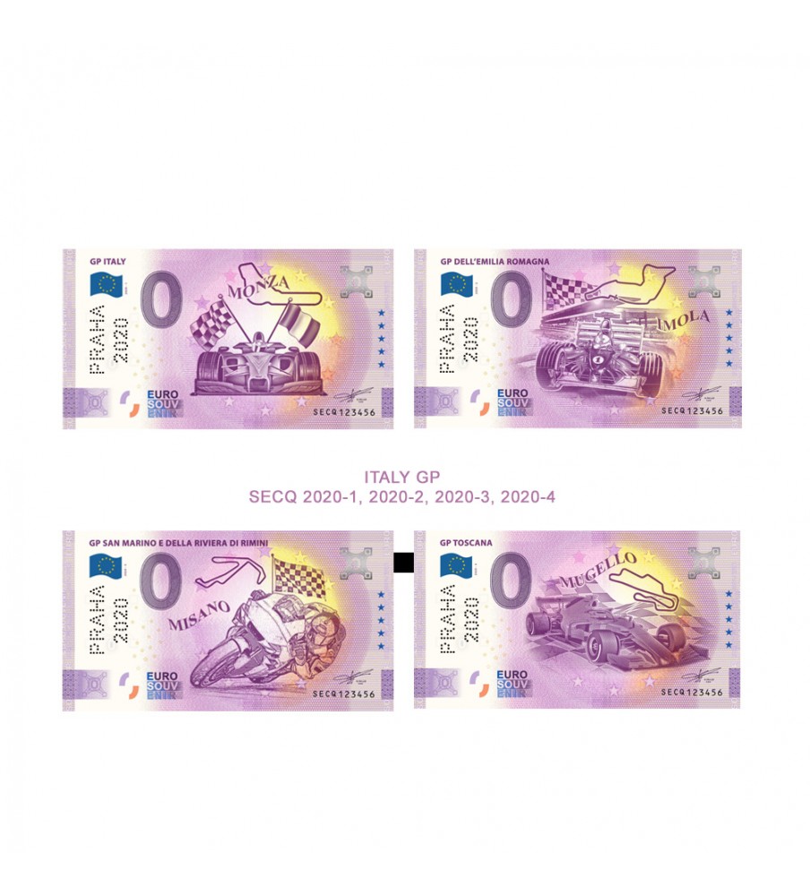 0 Euro Souvenir Banknote Praha 2020 GP Italy Set of 4 SECQ 2020