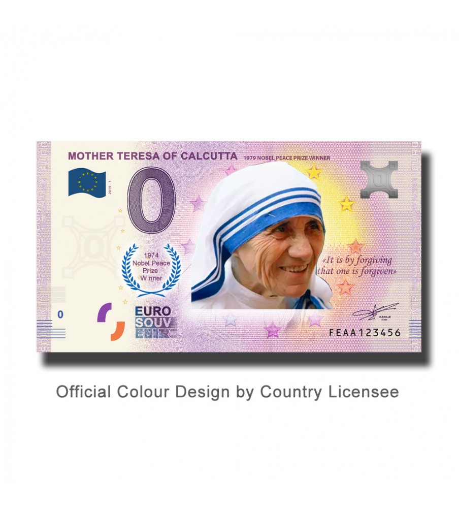 0 Euro Souvenir Banknote Mother Teresa Colour India FEAA 2019-1 0 Euro Souvenir Banknote Mother Teresa Colour India FEAA 2019-1