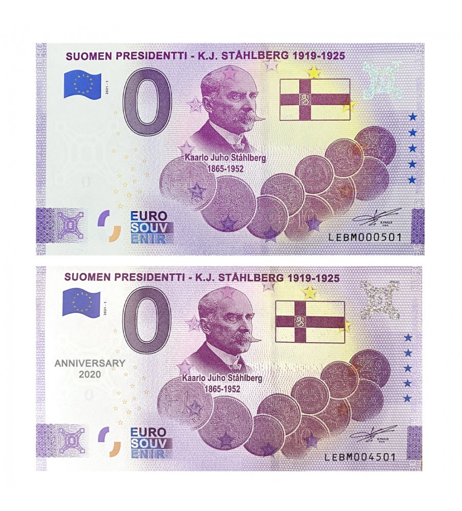 0 Euro Souvenir Banknote Suomen Presidentti Stahlberg Set of 2 Finland  LEBM 2020-1