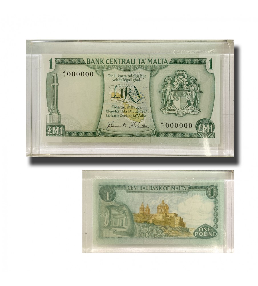 1973 Malta Lm1 Banknote UNC in perspex A/1 000000 Signed Sammut Camillieri RARE