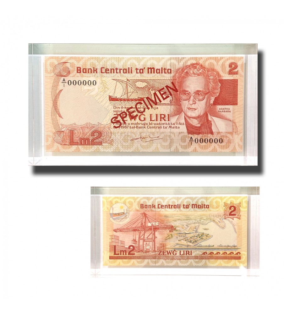 1986 Malta Lm2 Banknote SPECIMEN UNC in perspex A/1 000000 Signed DeGabriele