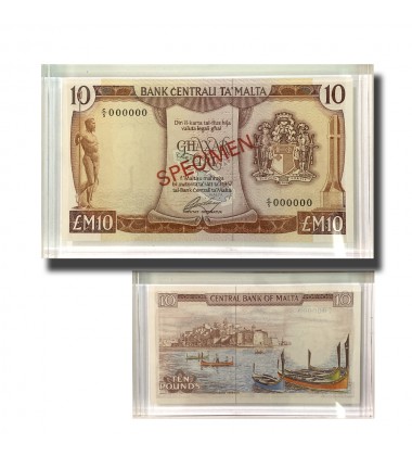 1973 Malta Lm10 Banknote SPECIMEN UNC in perspex  C/5 000000. Signed Spiteri RARE