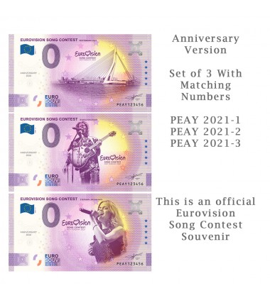 Anniversary 0 Euro Souvenir Banknote Eurovision 2021 Set of 3 Netherlands PEAY 2021-1-2-3